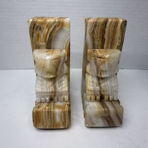 Vintage Aztec Mayan Totem Handcarved Golden Onyx Bookends